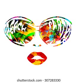 face of woman with sunglasses with reflection of palm trees, sun and lettering - beach party, for posters, invitations, disco. vector