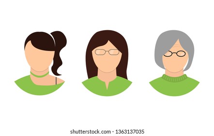 face woman at three ages: young, adult, old