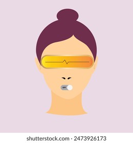 Face of a woman with vr glasses and on off button instead of mouth