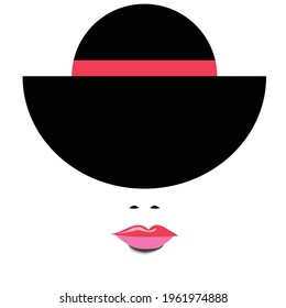 The face of a woman wearing a black hat is featured in a minimalist illustration.