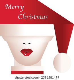 The face of a woman wearing a Santa hat is featured in an illustration incorporating angular shapes.