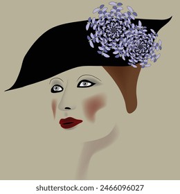 The face of a woman wearing a stylish hat decorated with blue flowers is featured.