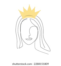 The face of woman wearing a tiara continuous line drawing. Beauty and self-confidence concept. Each woman as a queen vector isolated illustration