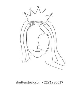 The face of woman wearing a tiara continuous line drawing. Beauty salon logo, Beauty and self-confidence concept. Each woman as a queen vector isolated illustration