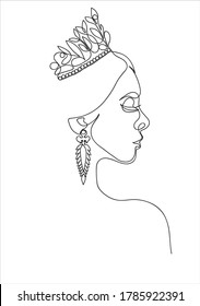 The face of the woman wearing a tiara and diamond earrings with  continuous line drawing. Abstract minimal woman portrait, fashion concept, woman beauty minimalist, slogan design print graphics style,