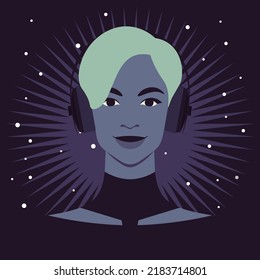 A face of woman who listens to music on headphones. Music therapy. A musician. Fashion avatar of a teenager. Vector flat illustration.