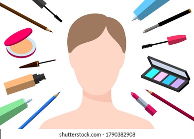 Face of woman without makeup and many various beauty products around. Concept of creating beautiful fashionable trendy stylish makeup using cosmetics, design for cosmetics reviews
