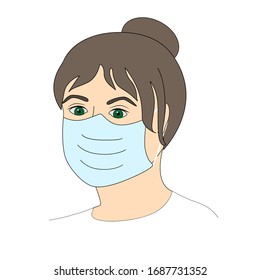 The face of a woman or a young girl in a mask. Protection against pandemics, epidemics, viruses and flu. Vector stock illustration of a man or paramedic head isolated on a white background.