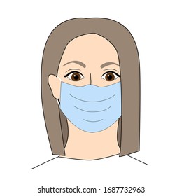 Face of woman or young girl in mask front view in full face. Protection against pandemics, epidemics, viruses and flu. Vector stock illustration of a man or paramedic isolated on a white background.