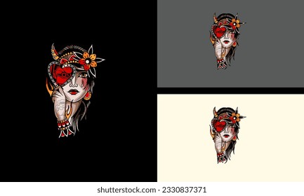 face women and red flowers vector tattoo design