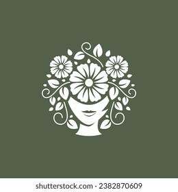 Face women silhouette botanical ornament logo design template. Vector illustratio