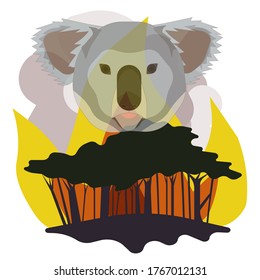 Koala’s face and woods on fire with smoke on white isolated background, vector illustration for prints on posters, booklets or elements of design for websites in Ecology, Nature and Fire Danger topics
