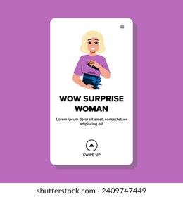 face wow surprise woman vector. young happy, girl female, excited model face wow surprise woman web flat cartoon illustration