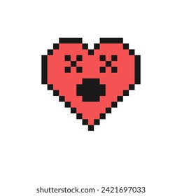 Face with X for eyes. Pixel style emoji with crossed-out eyes convey shock, staggered, dizzy, sickness, nausea, death, dead. Vintage 90s style heart shape emoticon. Pixelated retro game 8 bit design.