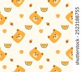 Face yellow bear cartoon so cute. On watermelon ice cream cupcake background. Pattern seamless vector illustration. 