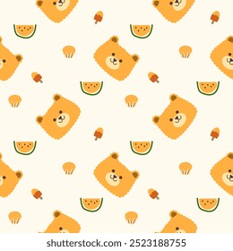 Face yellow bear cartoon so cute. On watermelon ice cream cupcake background. Pattern seamless vector illustration. 