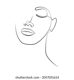 Face of a young African American person with closed eyes one line drawing on white isolated background