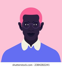 A face of a young African man with eyeglasses. Portrait of a teenager. Vector flat Illustration