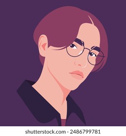 The face of a young arrogant Asian man with eyeglasses on a dark background. Vector flat Illustration