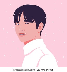 The face of a young Asian man with a fashionable hairstyle. Vector flat Illustration