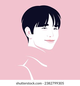 The face of a young Asian man on a pink background. Vector flat Illustration