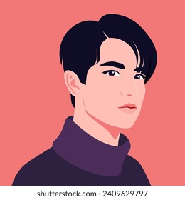 El rostro de un joven asiático con un fondo rojo. Ilustración plana vectorial