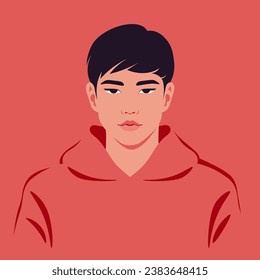 A face of a young Asian man. Portrait of a teenager. Melancholy and depression. Vector flat Illustration