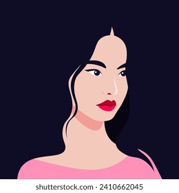 The face of a young Asian woman is half turned. Portrait of fashion model on dark background. Vector flat Illustration