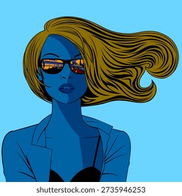 The face of a young beautiful blonde with loose flowing hair in sunglasses with a reflection of the overpass on the highway and the urban landscape. Drawing is in color engraved and linear style. Vector illustration