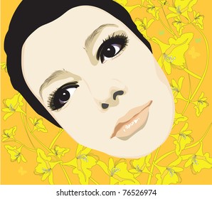 face of a young beautiful girl and flowers