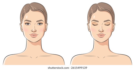 Face of a young beautiful woman. Makeup artist face chart, vector illustration