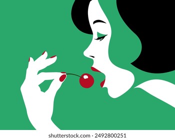 The face of a young beautiful woman in profile with a ripe cherry near her mouth. The drawing is made in a minimalist style. Vector illustration