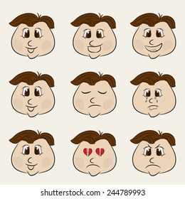 Face of a young boy cartoon with different facial expressions