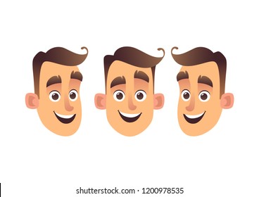 Face of young cartoon man three kinds isolated vector