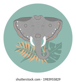 Face of  young elephant with a pattern on a background of leaves. Vector illustration.