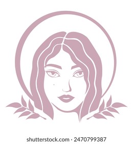 Face of young girl. Avatar. Icon. Symbol. Sign. Postcard. Emblem. Flat art. Pink colour. Vector illustration. Woman. Female. Holiday. Beautiful. Young. Art.