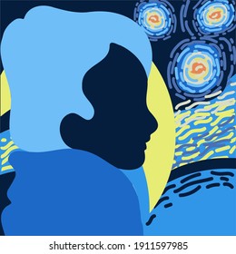 The face of a young girl with blue hair in profile against the background of the night sky, on her shoulder is a yellow crescent moon. Stars or headlights in a dark rainy city is brightly shining.