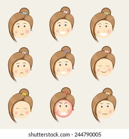 Face of a young girl cartoon with different facial expressions
