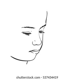 Face of young girl with downcast eyes, Vector sketch Hand drawn illustration