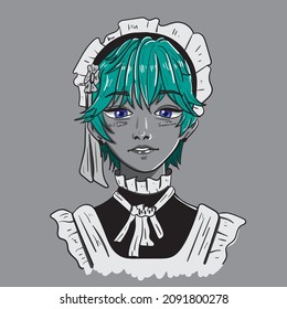face young girl monocrome anime style vector illustration design blue eye green hair