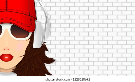 Face of young girl on brick wall background. Vector illustration. Popular 16:9 aspect ratio.