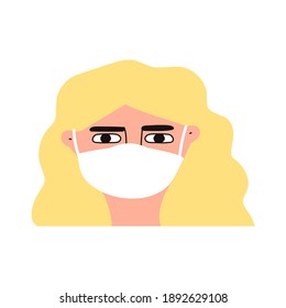 Face of young girl with protective mask. Vector illustration on white background.
