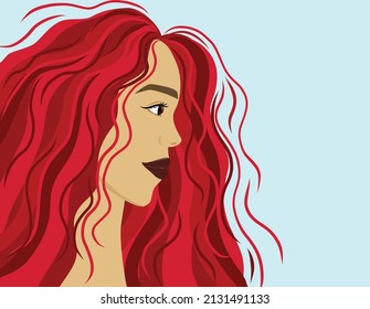 Face of young girl with red hair. Brown eyes and lips. Blue background. Vector illustration.