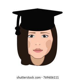 the face of a young girl in a student hat. Icon Girl graduate on white background. Vector.