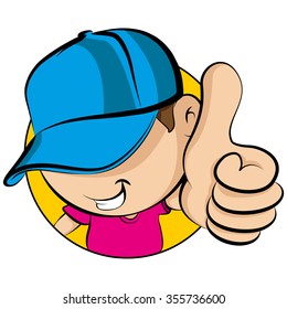 Face Of A Young Kid Wearing Baseball Cap Showing Thumbs Up 