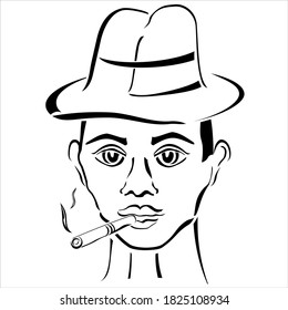 The face of a young man with broad brows and full lips in a hat with a ribbon looking straight and holding a smoking cigar in his mouth. Vector illustration of a gangster character.