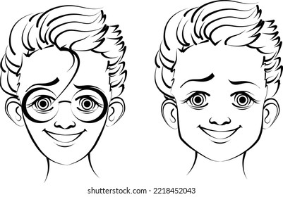 The face of a young man with different features, wearing glasses. Linear vector graphics. Avatar