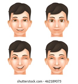 Face of young man expressing different glad emotions. Smile, wink, laugh emotions. Vector mesh Illustration in 3D style. Set of four heads.