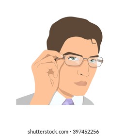 Face of a young man in glasses.  Businessman rearranging spectacles. Vector illustration. EPS10