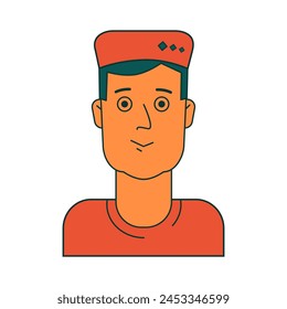 Face of young man in hat with green hair in orange t-shirt. Isolated vector illustration for websites, avatar, card and more design.